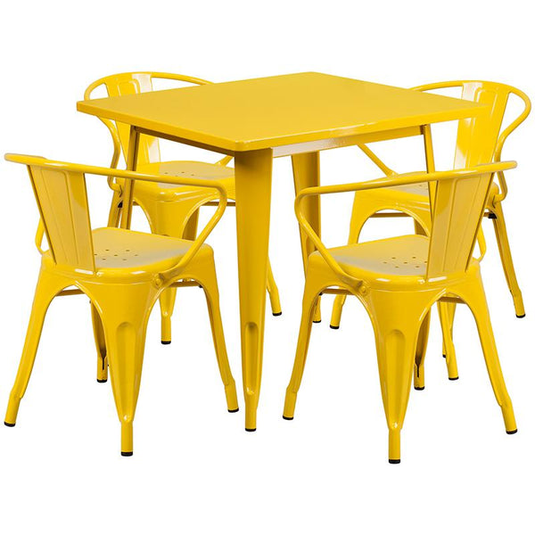 Flash Furniture 31.5'' Square Yellow Metal Indoor-Outdoor Table Set with 4 Arm Chairs - ET-CT002-4-70-YL-GG