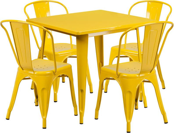 Flash Furniture 31.5'' Square Yellow Metal Indoor-Outdoor Table Set with 4 Stack Chairs - ET-CT002-4-30-YL-GG