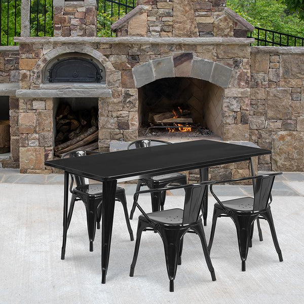 Flash Furniture 31.5'' x 63'' Rectangular Black Metal Indoor-Outdoor Table Set with 4 Arm Chairs - ET-CT005-4-70-BK-GG