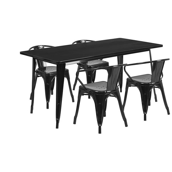 Flash Furniture 31.5'' x 63'' Rectangular Black Metal Indoor-Outdoor Table Set with 4 Arm Chairs - ET-CT005-4-70-BK-GG