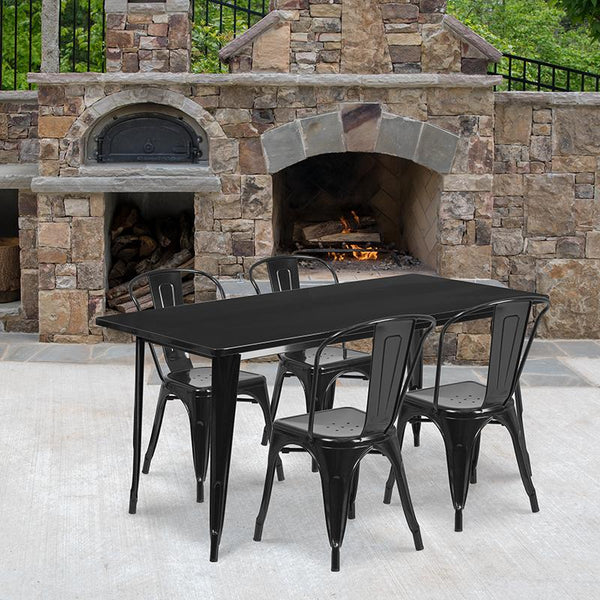 Flash Furniture 31.5'' x 63'' Rectangular Black Metal Indoor-Outdoor Table Set with 4 Stack Chairs - ET-CT005-4-30-BK-GG