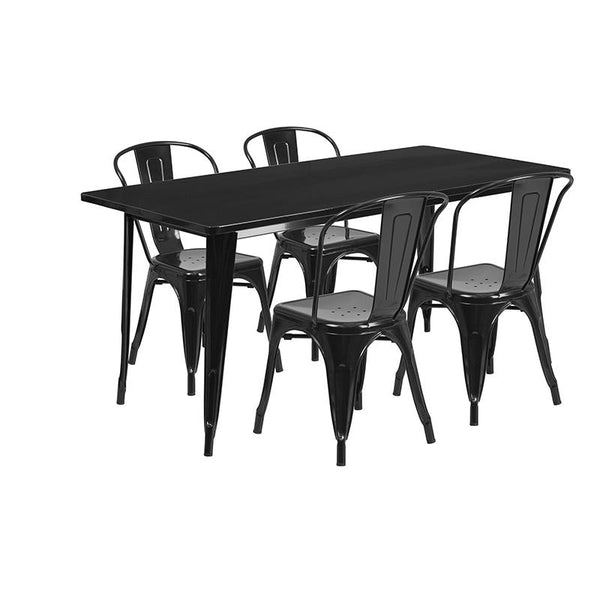 Flash Furniture 31.5'' x 63'' Rectangular Black Metal Indoor-Outdoor Table Set with 4 Stack Chairs - ET-CT005-4-30-BK-GG