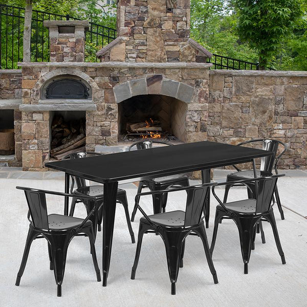 Flash Furniture 31.5'' x 63'' Rectangular Black Metal Indoor-Outdoor Table Set with 6 Arm Chairs - ET-CT005-6-70-BK-GG