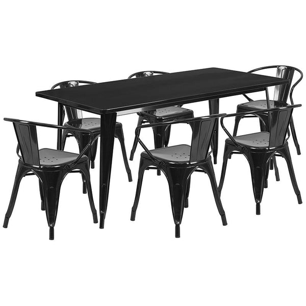 Flash Furniture 31.5'' x 63'' Rectangular Black Metal Indoor-Outdoor Table Set with 6 Arm Chairs - ET-CT005-6-70-BK-GG