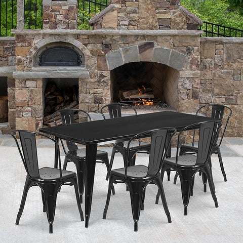 Flash Furniture 31.5'' x 63'' Rectangular Black Metal Indoor-Outdoor Table Set with 6 Stack Chairs - ET-CT005-6-30-BK-GG