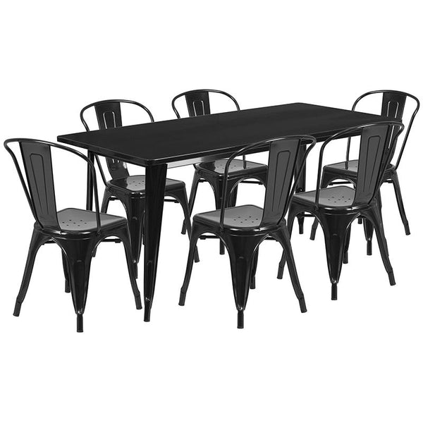 Flash Furniture 31.5'' x 63'' Rectangular Black Metal Indoor-Outdoor Table Set with 6 Stack Chairs - ET-CT005-6-30-BK-GG