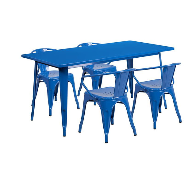 Flash Furniture 31.5'' x 63'' Rectangular Blue Metal Indoor-Outdoor Table Set with 4 Arm Chairs - ET-CT005-4-70-BL-GG