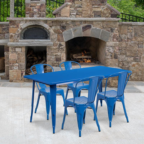 Flash Furniture 31.5'' x 63'' Rectangular Blue Metal Indoor-Outdoor Table Set with 4 Stack Chairs - ET-CT005-4-30-BL-GG