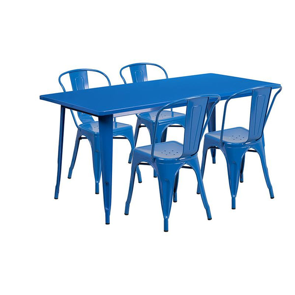 Flash Furniture 31.5'' x 63'' Rectangular Blue Metal Indoor-Outdoor Table Set with 4 Stack Chairs - ET-CT005-4-30-BL-GG