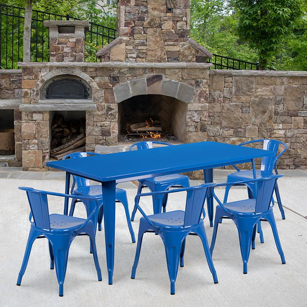 Flash Furniture 31.5'' x 63'' Rectangular Blue Metal Indoor-Outdoor Table Set with 6 Arm Chairs - ET-CT005-6-70-BL-GG