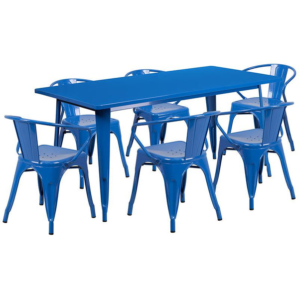 Flash Furniture 31.5'' x 63'' Rectangular Blue Metal Indoor-Outdoor Table Set with 6 Arm Chairs - ET-CT005-6-70-BL-GG