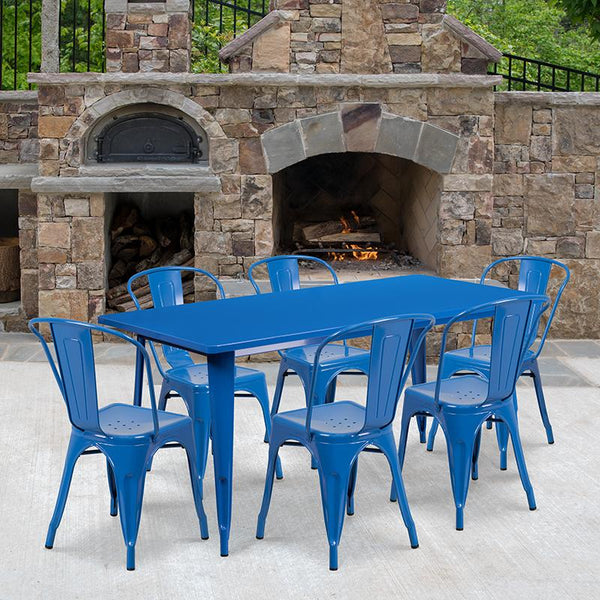 Flash Furniture 31.5'' x 63'' Rectangular Blue Metal Indoor-Outdoor Table Set with 6 Stack Chairs - ET-CT005-6-30-BL-GG