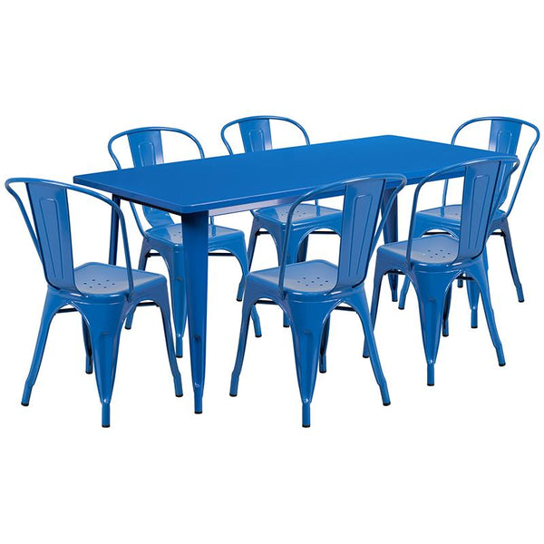 Flash Furniture 31.5'' x 63'' Rectangular Blue Metal Indoor-Outdoor Table Set with 6 Stack Chairs - ET-CT005-6-30-BL-GG