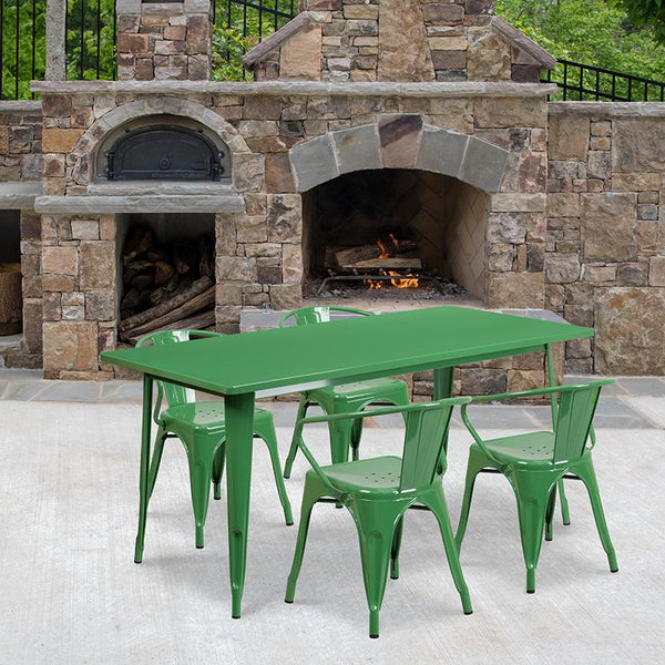 Flash Furniture 31.5'' x 63'' Rectangular Green Metal Indoor-Outdoor Table Set with 4 Arm Chairs - ET-CT005-4-70-GN-GG