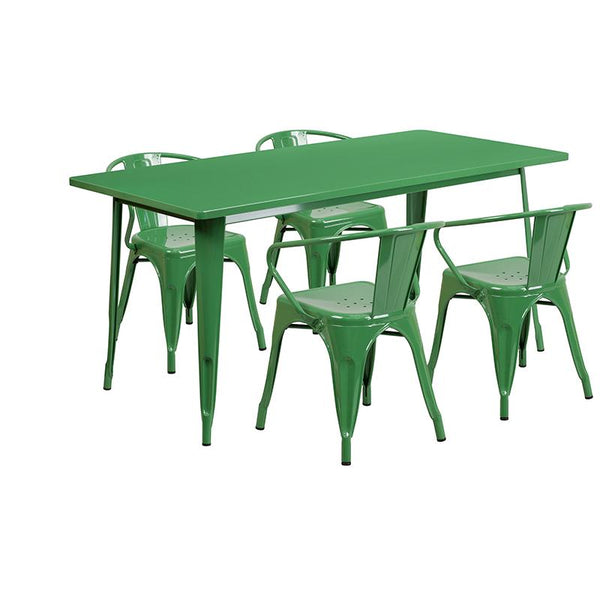 Flash Furniture 31.5'' x 63'' Rectangular Green Metal Indoor-Outdoor Table Set with 4 Arm Chairs - ET-CT005-4-70-GN-GG