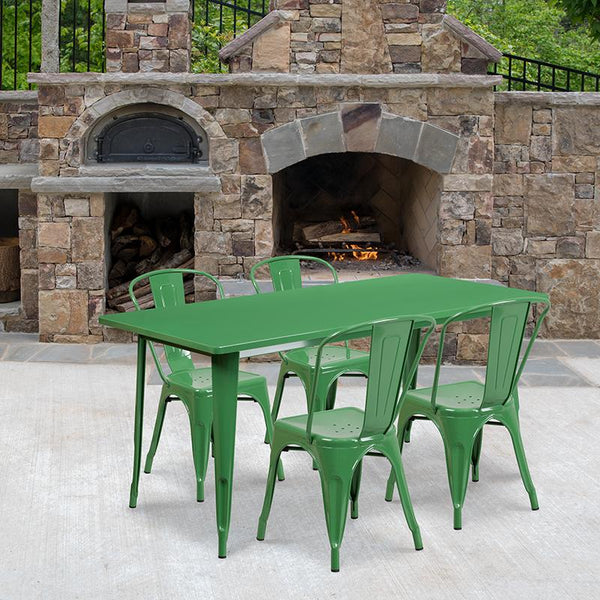 Flash Furniture 31.5'' x 63'' Rectangular Green Metal Indoor-Outdoor Table Set with 4 Stack Chairs - ET-CT005-4-30-GN-GG