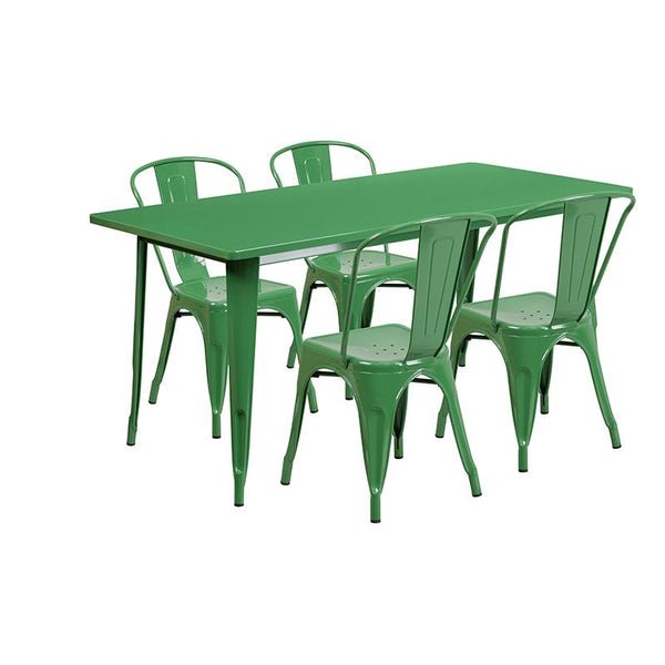 Flash Furniture 31.5'' x 63'' Rectangular Green Metal Indoor-Outdoor Table Set with 4 Stack Chairs - ET-CT005-4-30-GN-GG