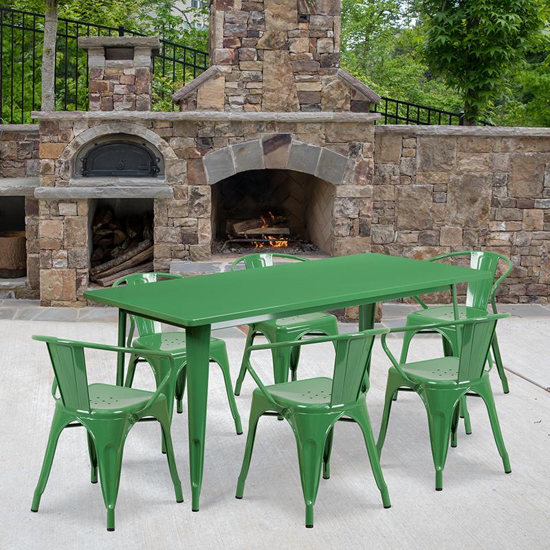 Flash Furniture 31.5'' x 63'' Rectangular Green Metal Indoor-Outdoor Table Set with 6 Arm Chairs - ET-CT005-6-70-GN-GG