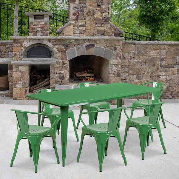 Flash Furniture 31.5'' x 63'' Rectangular Green Metal Indoor-Outdoor Table Set with 6 Arm Chairs - ET-CT005-6-70-GN-GG