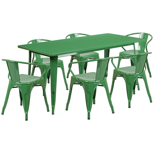 Flash Furniture 31.5'' x 63'' Rectangular Green Metal Indoor-Outdoor Table Set with 6 Arm Chairs - ET-CT005-6-70-GN-GG