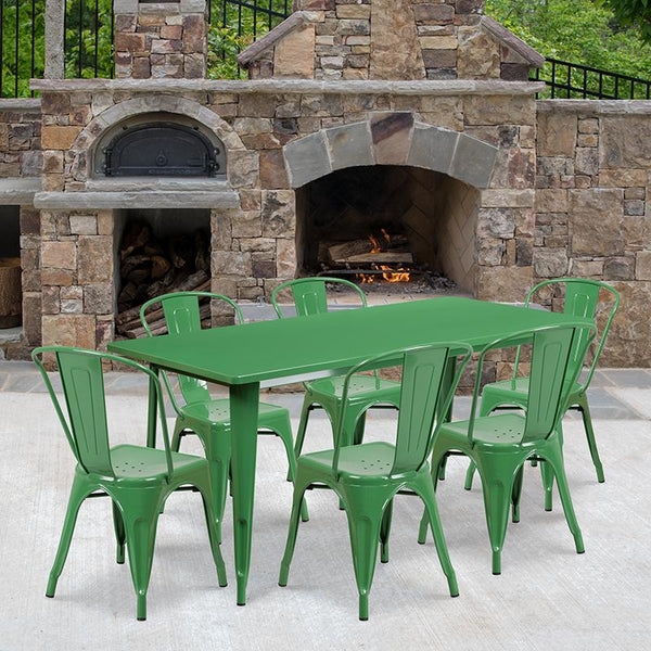 Flash Furniture 31.5'' x 63'' Rectangular Green Metal Indoor-Outdoor Table Set with 6 Stack Chairs - ET-CT005-6-30-GN-GG