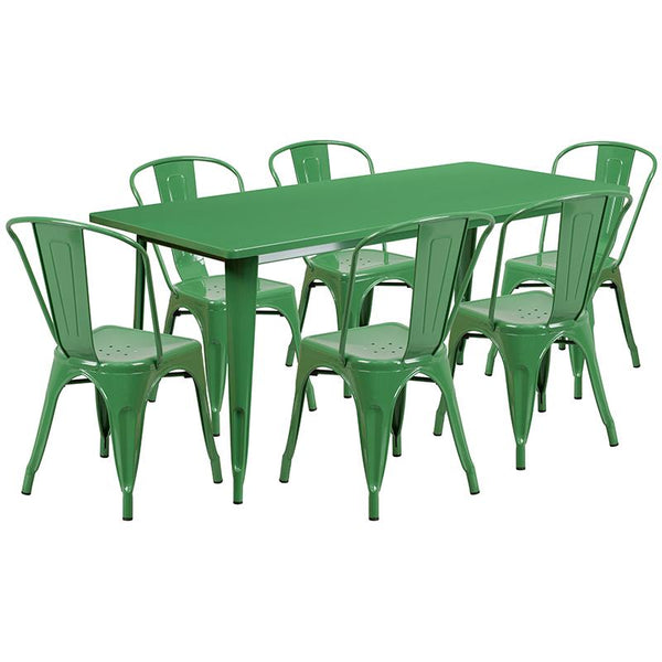 Flash Furniture 31.5'' x 63'' Rectangular Green Metal Indoor-Outdoor Table Set with 6 Stack Chairs - ET-CT005-6-30-GN-GG