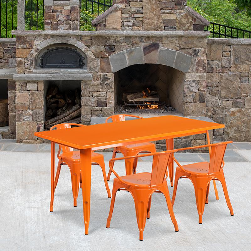 Flash Furniture 31.5'' x 63'' Rectangular Orange Metal Indoor-Outdoor Table Set with 4 Arm Chairs - ET-CT005-4-70-OR-GG