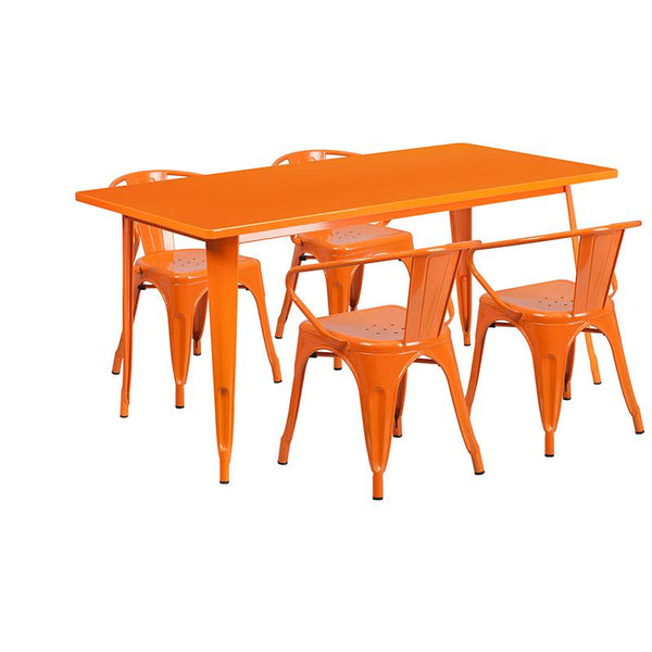 Flash Furniture 31.5'' x 63'' Rectangular Orange Metal Indoor-Outdoor Table Set with 4 Arm Chairs - ET-CT005-4-70-OR-GG