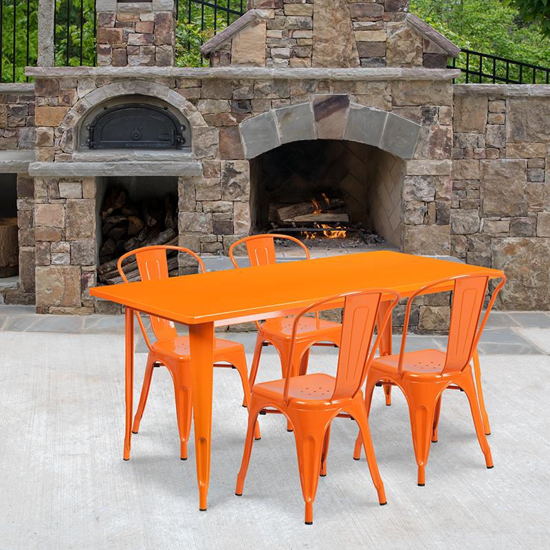 Flash Furniture 31.5'' x 63'' Rectangular Orange Metal Indoor-Outdoor Table Set with 4 Stack Chairs - ET-CT005-4-30-OR-GG