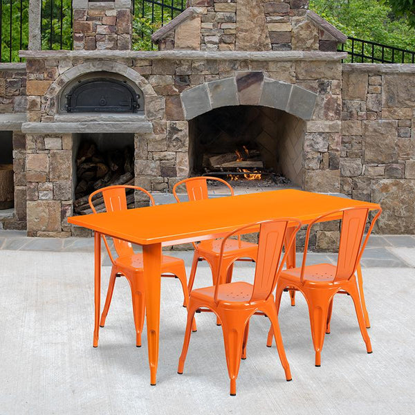 Flash Furniture 31.5'' x 63'' Rectangular Orange Metal Indoor-Outdoor Table Set with 4 Stack Chairs - ET-CT005-4-30-OR-GG