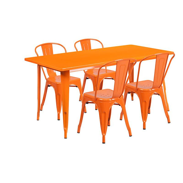 Flash Furniture 31.5'' x 63'' Rectangular Orange Metal Indoor-Outdoor Table Set with 4 Stack Chairs - ET-CT005-4-30-OR-GG