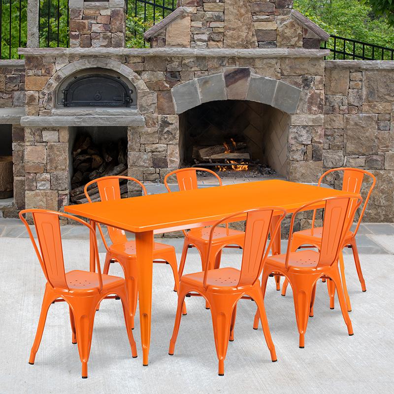 Flash Furniture 31.5'' x 63'' Rectangular Orange Metal Indoor-Outdoor Table Set with 6 Stack Chairs - ET-CT005-6-30-OR-GG