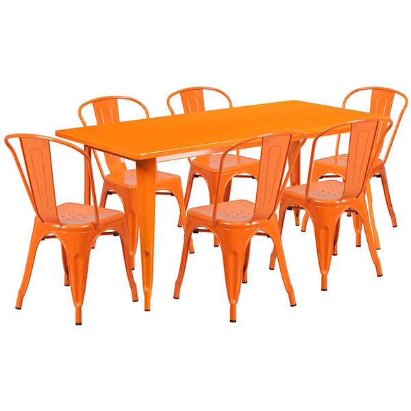 Flash Furniture 31.5'' x 63'' Rectangular Orange Metal Indoor-Outdoor Table Set with 6 Stack Chairs - ET-CT005-6-30-OR-GG