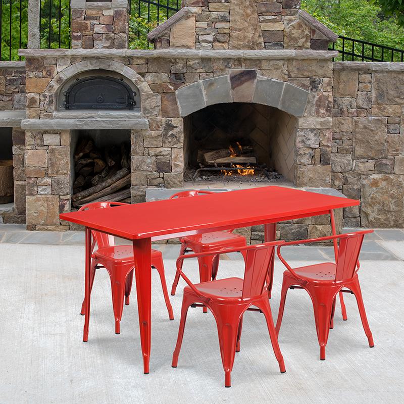 Flash Furniture 31.5'' x 63'' Rectangular Red Metal Indoor-Outdoor Table Set with 4 Arm Chairs - ET-CT005-4-70-RED-GG