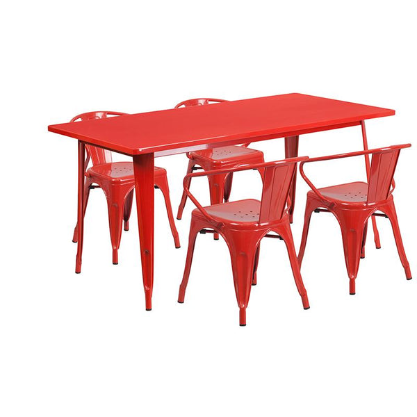 Flash Furniture 31.5'' x 63'' Rectangular Red Metal Indoor-Outdoor Table Set with 4 Arm Chairs - ET-CT005-4-70-RED-GG