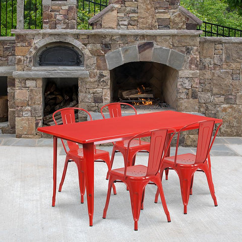 Flash Furniture 31.5'' x 63'' Rectangular Red Metal Indoor-Outdoor Table Set with 4 Stack Chairs - ET-CT005-4-30-RED-GG