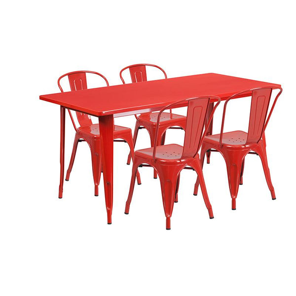 Flash Furniture 31.5'' x 63'' Rectangular Red Metal Indoor-Outdoor Table Set with 4 Stack Chairs - ET-CT005-4-30-RED-GG