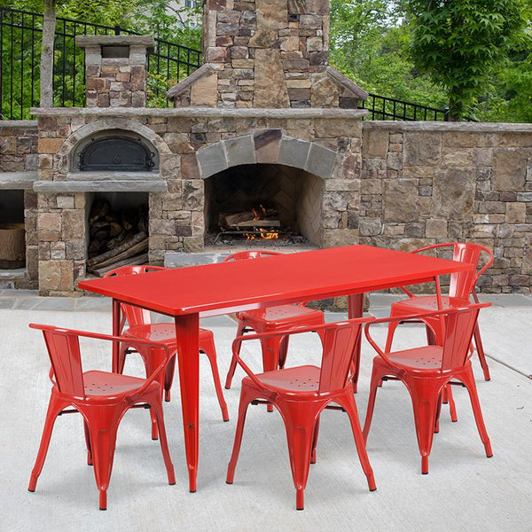 Flash Furniture 31.5'' x 63'' Rectangular Red Metal Indoor-Outdoor Table Set with 6 Arm Chairs - ET-CT005-6-70-RED-GG