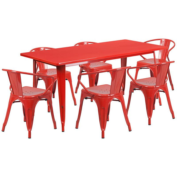 Flash Furniture 31.5'' x 63'' Rectangular Red Metal Indoor-Outdoor Table Set with 6 Arm Chairs - ET-CT005-6-70-RED-GG