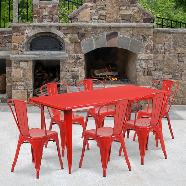 Flash Furniture 31.5'' x 63'' Rectangular Red Metal Indoor-Outdoor Table Set with 6 Stack Chairs - ET-CT005-6-30-RED-GG