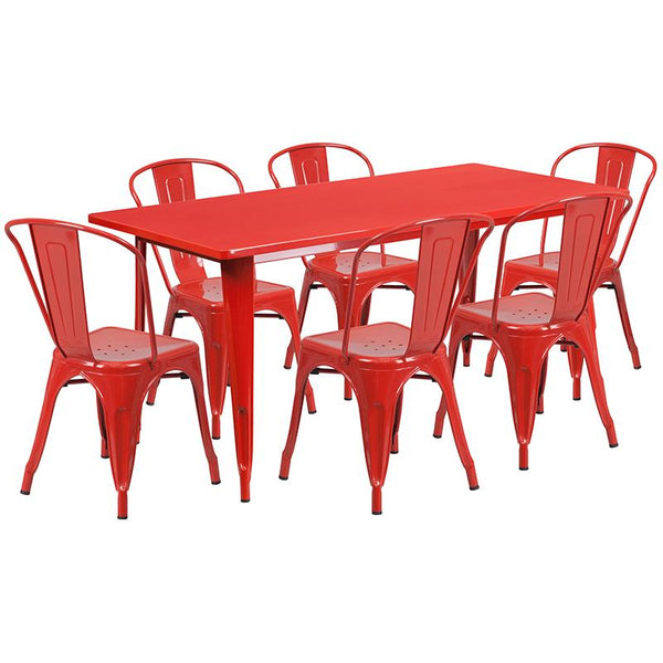 Flash Furniture 31.5'' x 63'' Rectangular Red Metal Indoor-Outdoor Table Set with 6 Stack Chairs - ET-CT005-6-30-RED-GG