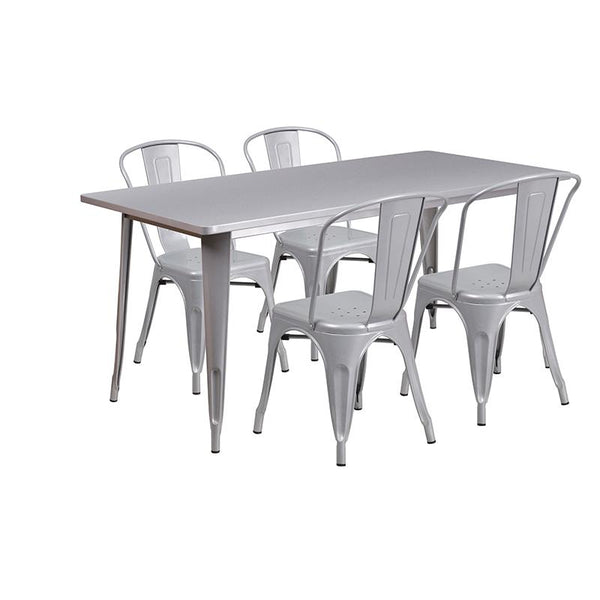 Flash Furniture 31.5'' x 63'' Rectangular Silver Metal Indoor-Outdoor Table Set with 4 Stack Chairs - ET-CT005-4-30-SIL-GG