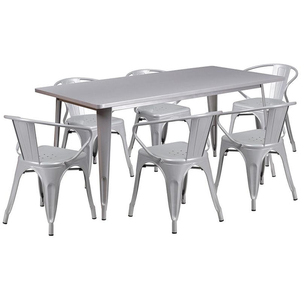 Flash Furniture 31.5'' x 63'' Rectangular Silver Metal Indoor-Outdoor Table Set with 6 Arm Chairs - ET-CT005-6-70-SIL-GG