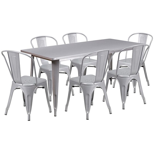 Flash Furniture 31.5'' x 63'' Rectangular Silver Metal Indoor-Outdoor Table Set with 6 Stack Chairs - ET-CT005-6-30-SIL-GG