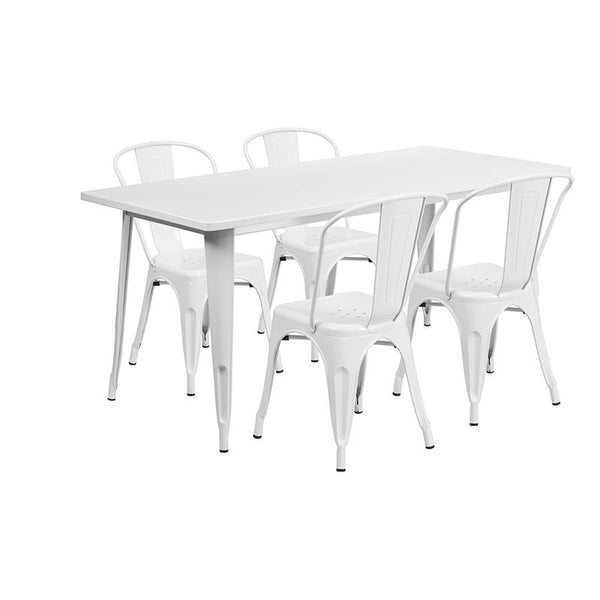 Flash Furniture 31.5'' x 63'' Rectangular White Metal Indoor-Outdoor Table Set with 4 Stack Chairs - ET-CT005-4-30-WH-GG