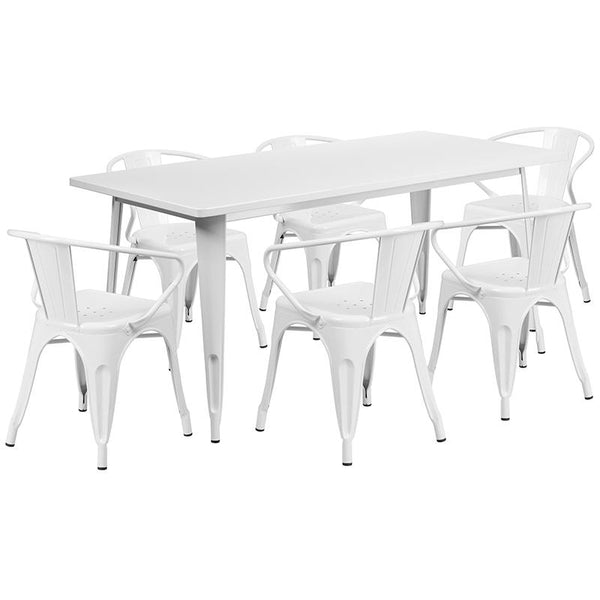 Flash Furniture 31.5'' x 63'' Rectangular White Metal Indoor-Outdoor Table Set with 6 Arm Chairs - ET-CT005-6-70-WH-GG