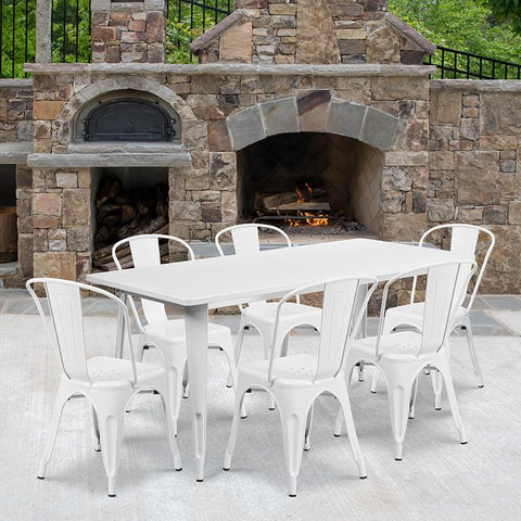 Flash Furniture 31.5'' x 63'' Rectangular White Metal Indoor-Outdoor Table Set with 6 Stack Chairs - ET-CT005-6-30-WH-GG