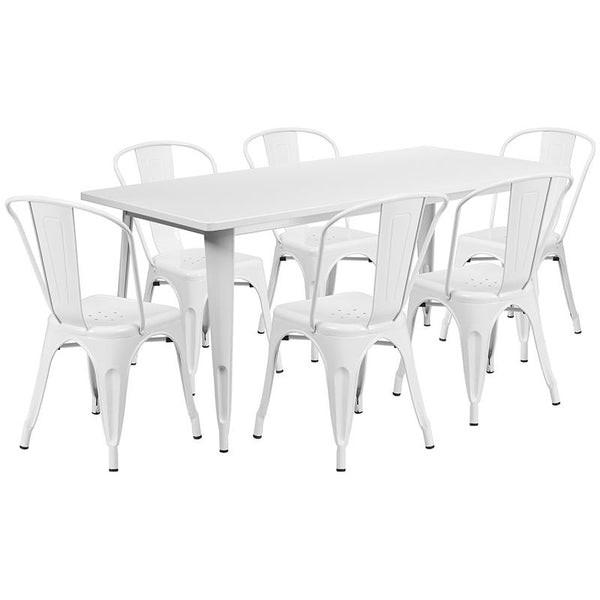 Flash Furniture 31.5'' x 63'' Rectangular White Metal Indoor-Outdoor Table Set with 6 Stack Chairs - ET-CT005-6-30-WH-GG