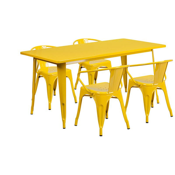 Flash Furniture 31.5'' x 63'' Rectangular Yellow Metal Indoor-Outdoor Table Set with 4 Arm Chairs - ET-CT005-4-70-YL-GG