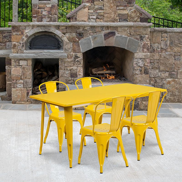 Flash Furniture 31.5'' x 63'' Rectangular Yellow Metal Indoor-Outdoor Table Set with 4 Stack Chairs - ET-CT005-4-30-YL-GG